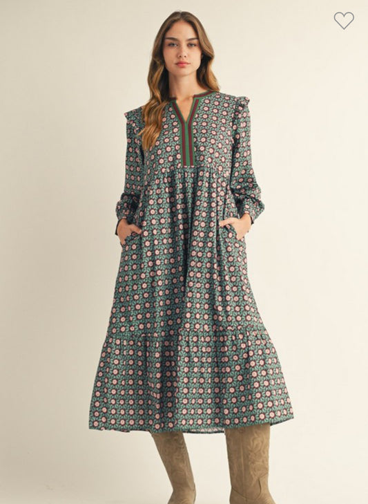 Shoulder ruffle Floral midi dress