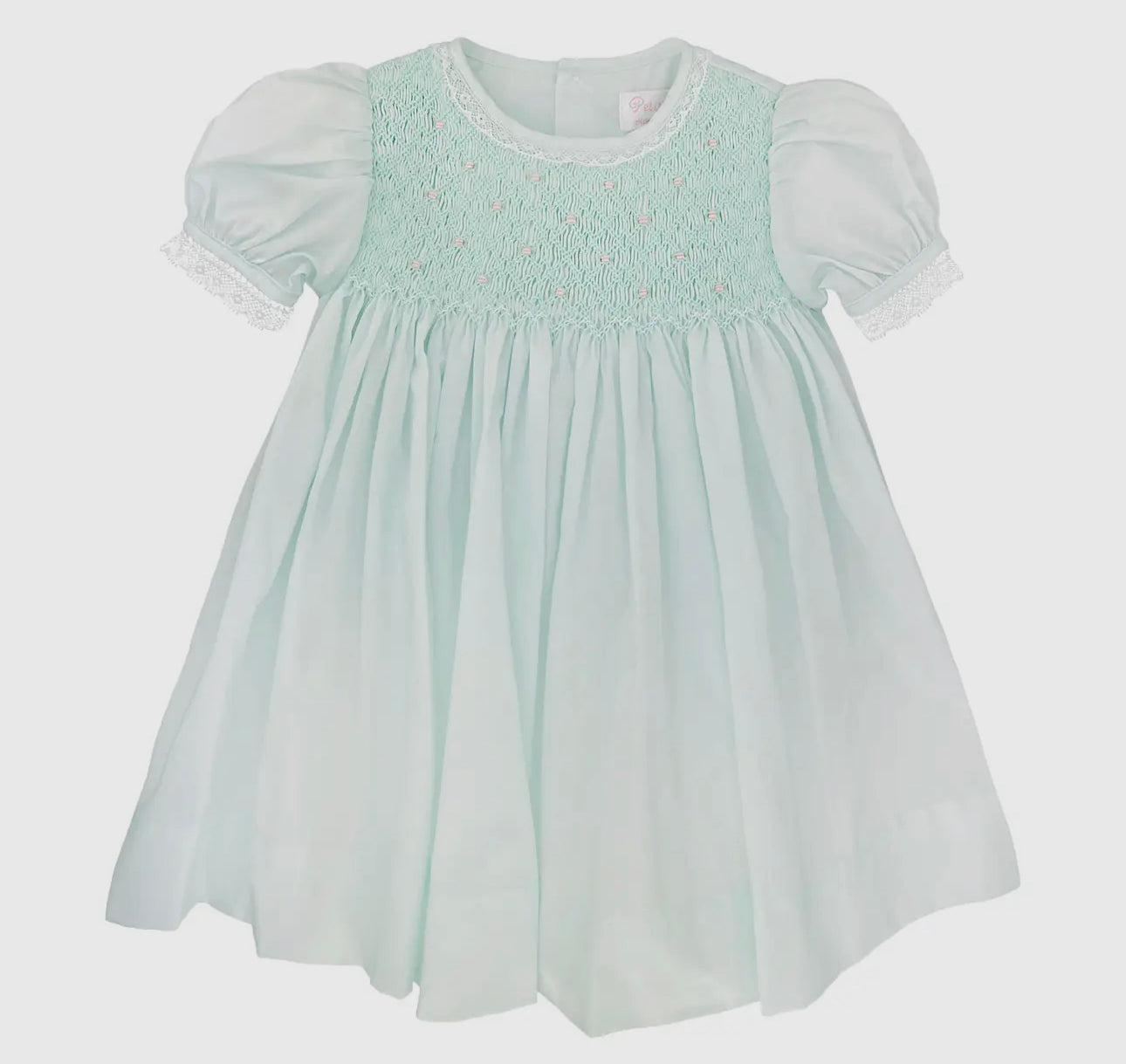 Mint smocked dress with lace
