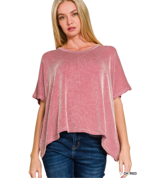 Ribbed striped oversized short sleeve top - burgundy