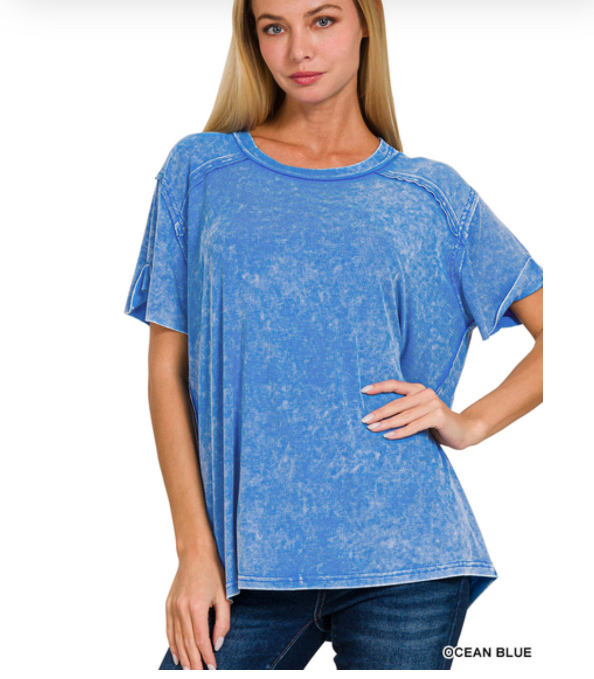 Acid wash ribbed top ocean blue