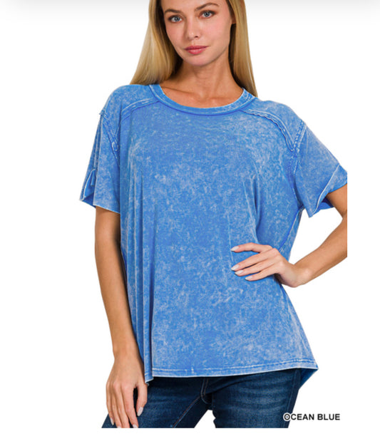 Acid wash ribbed top ocean blue