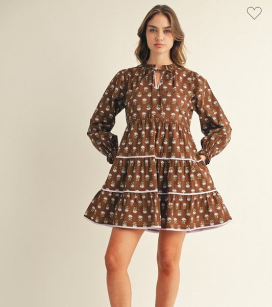 Tiered floral brown dress
