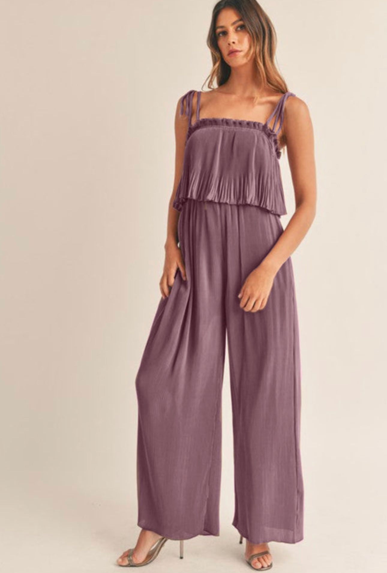 Lavender pleated wide leg jumpsuit