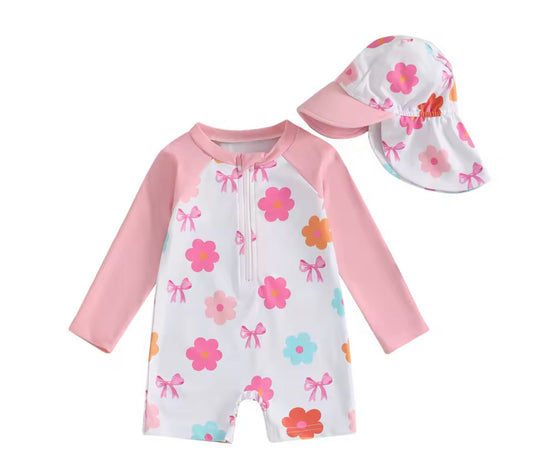Retro floral swim Rashguard girls with hat