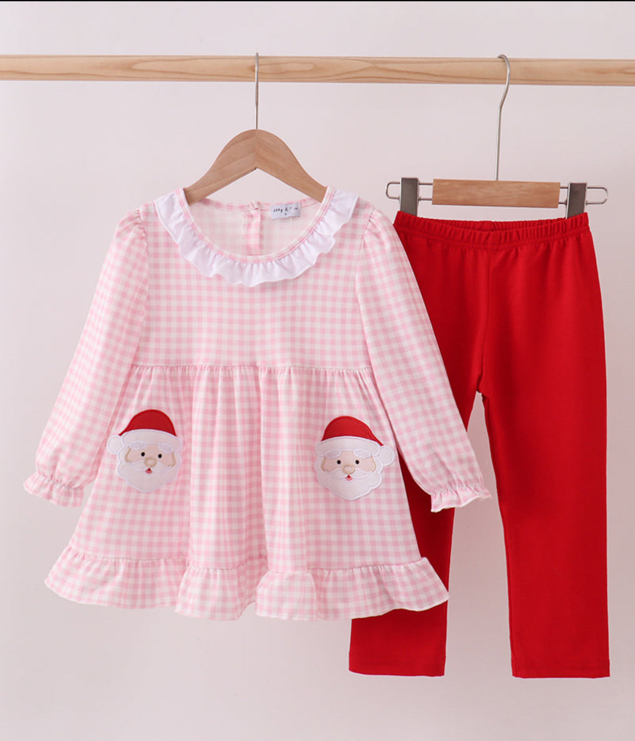 Pink gingham Santa applique girl set