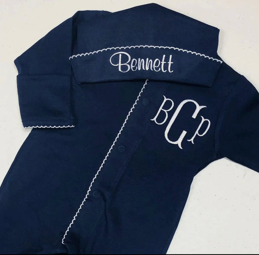 Navy with white picot footie & hat- embroidered