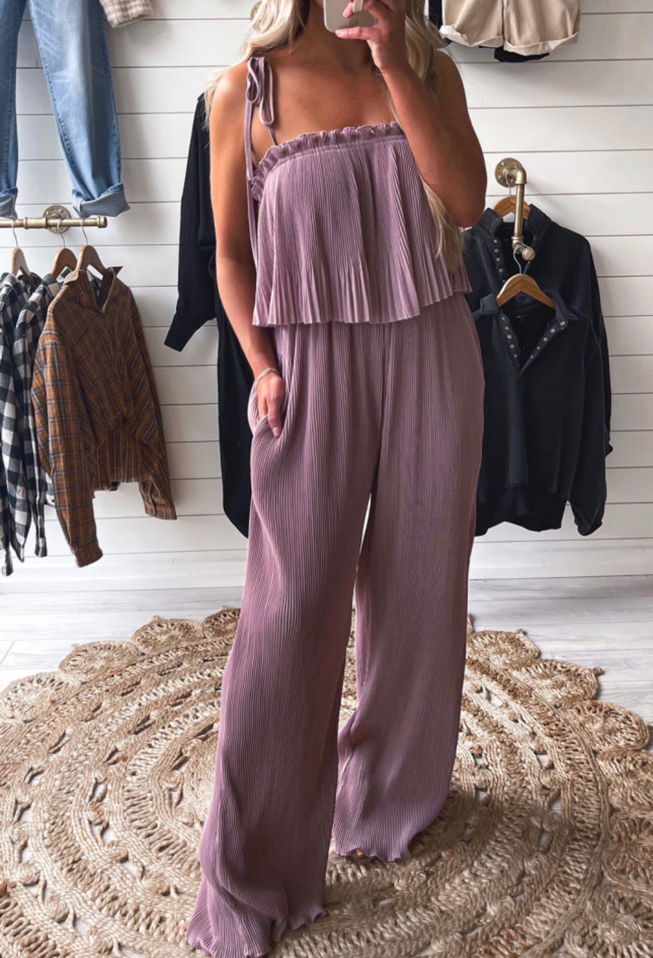 Lavender pleated wide leg jumpsuit