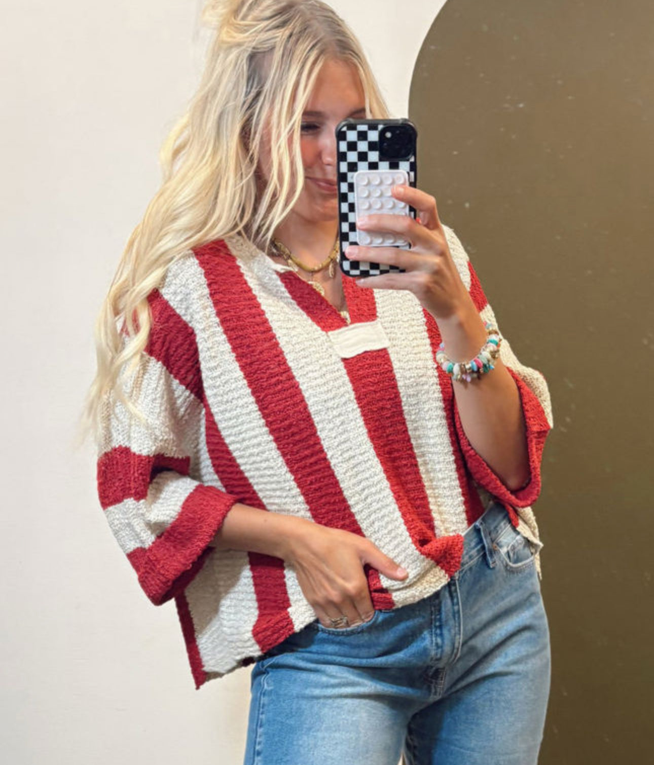 Red colorblock short sleeve sweater top