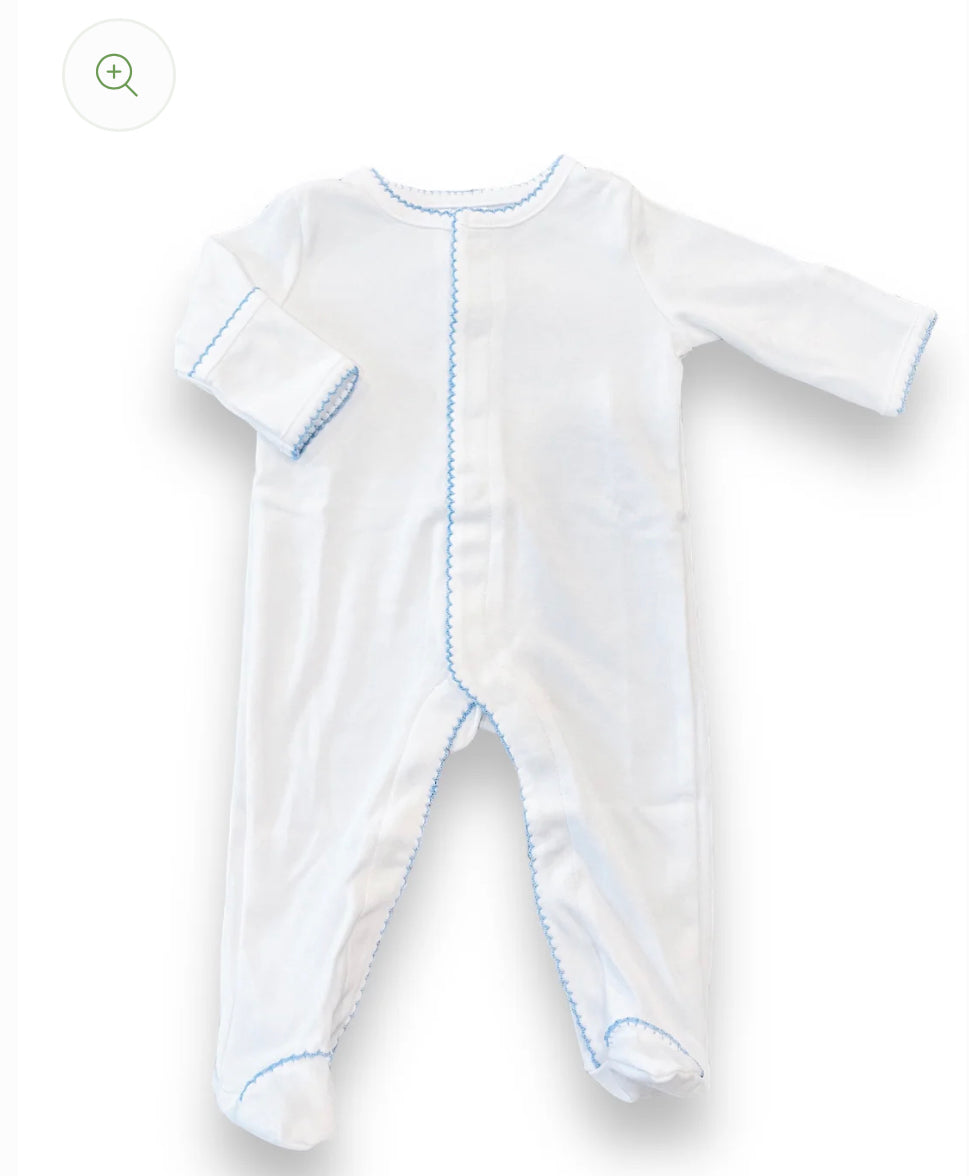 Picot trimmed footie - blue - EMBROIDERED