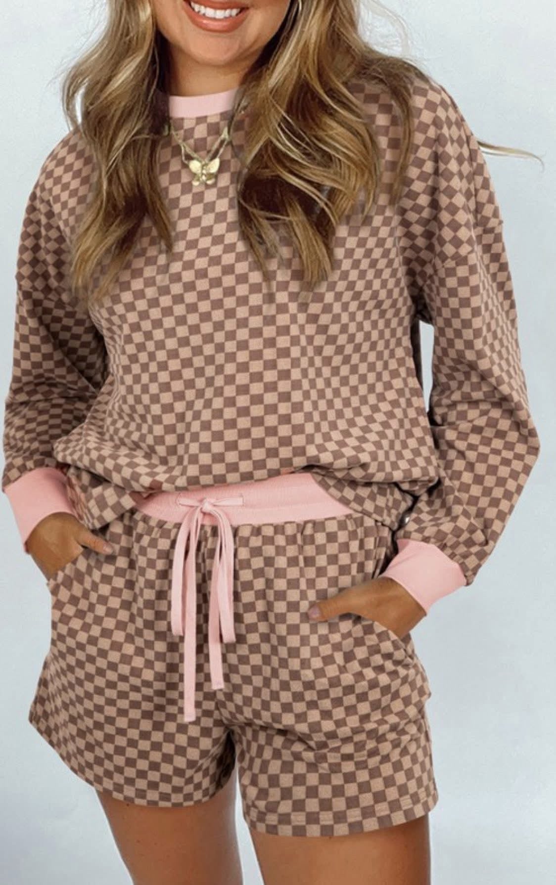 Checkered long sleeve short set