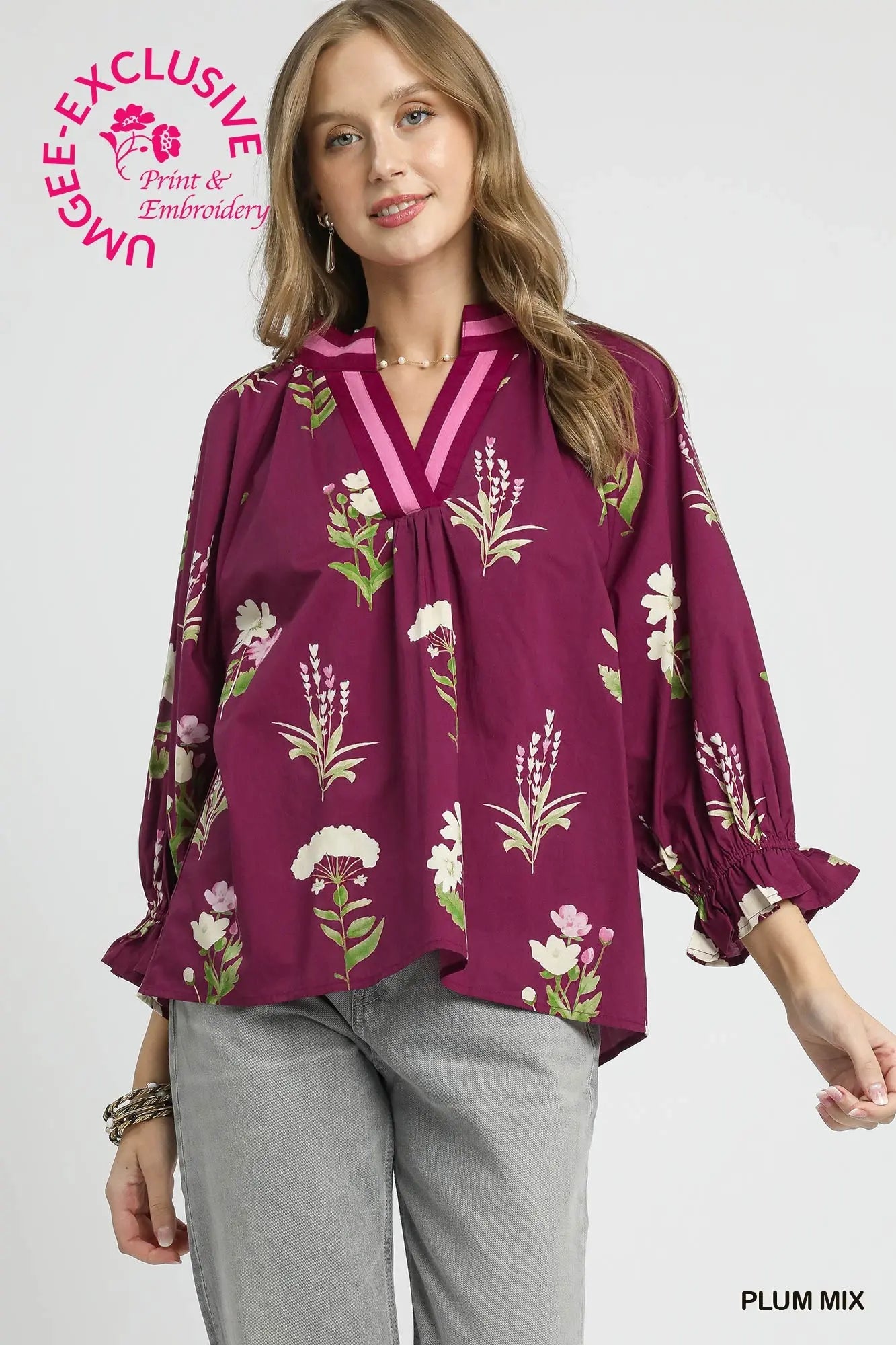 Plum Floral Contrast Trim Blouse