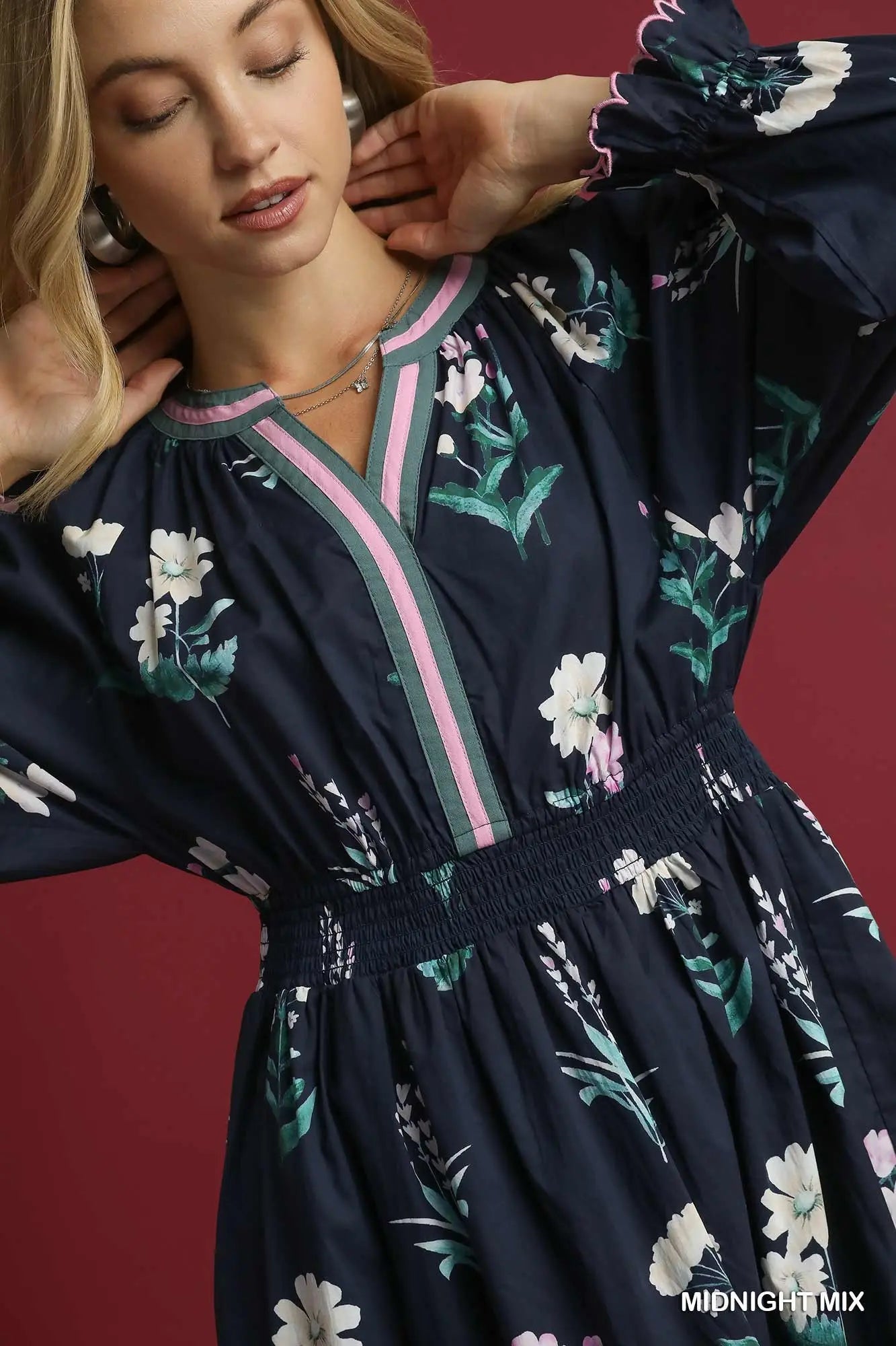 Floral Print V Neck Midi Dress with Ruffled Details midnight mix