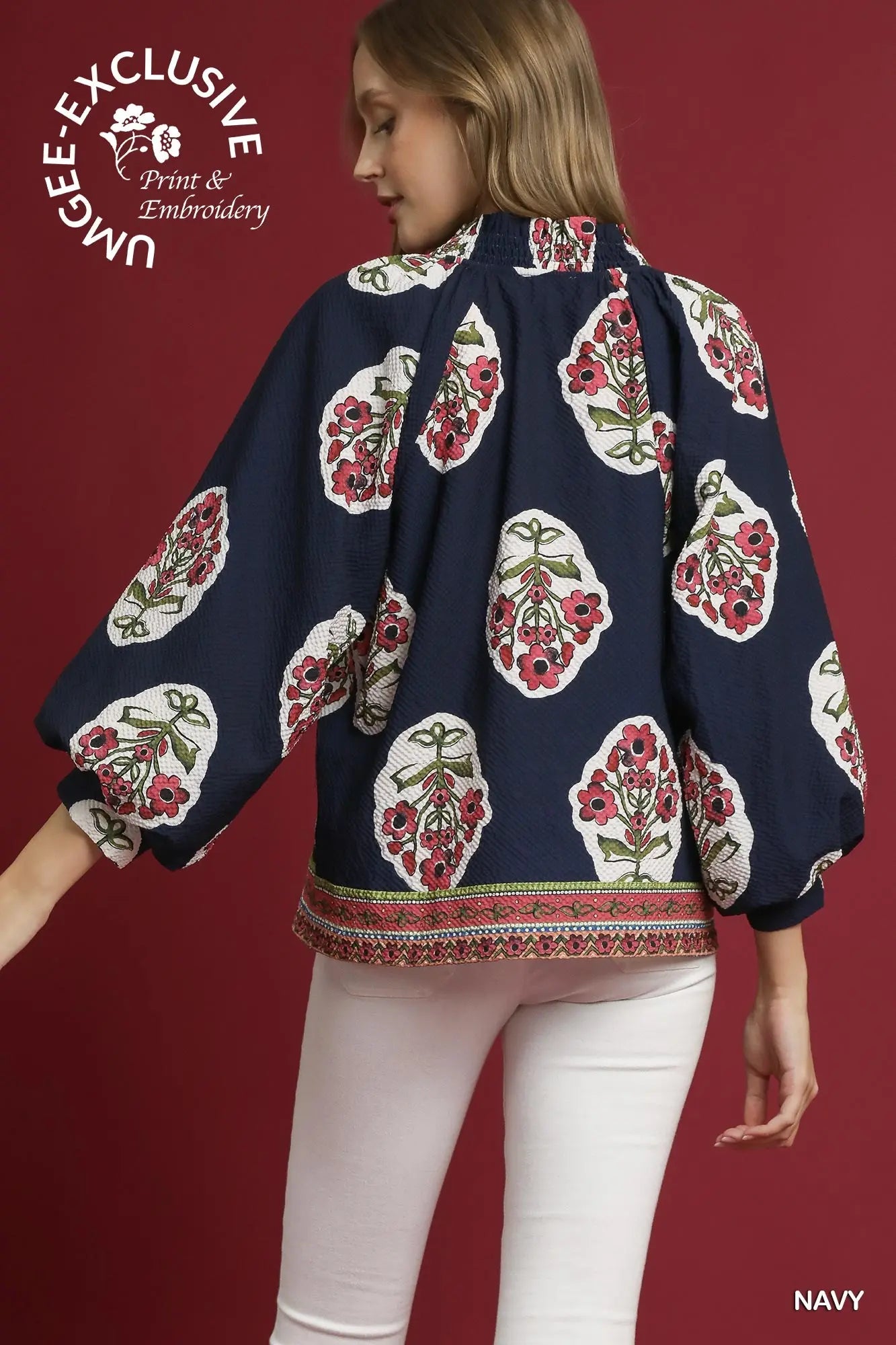 Navy Boho Floral Print Tunic Top