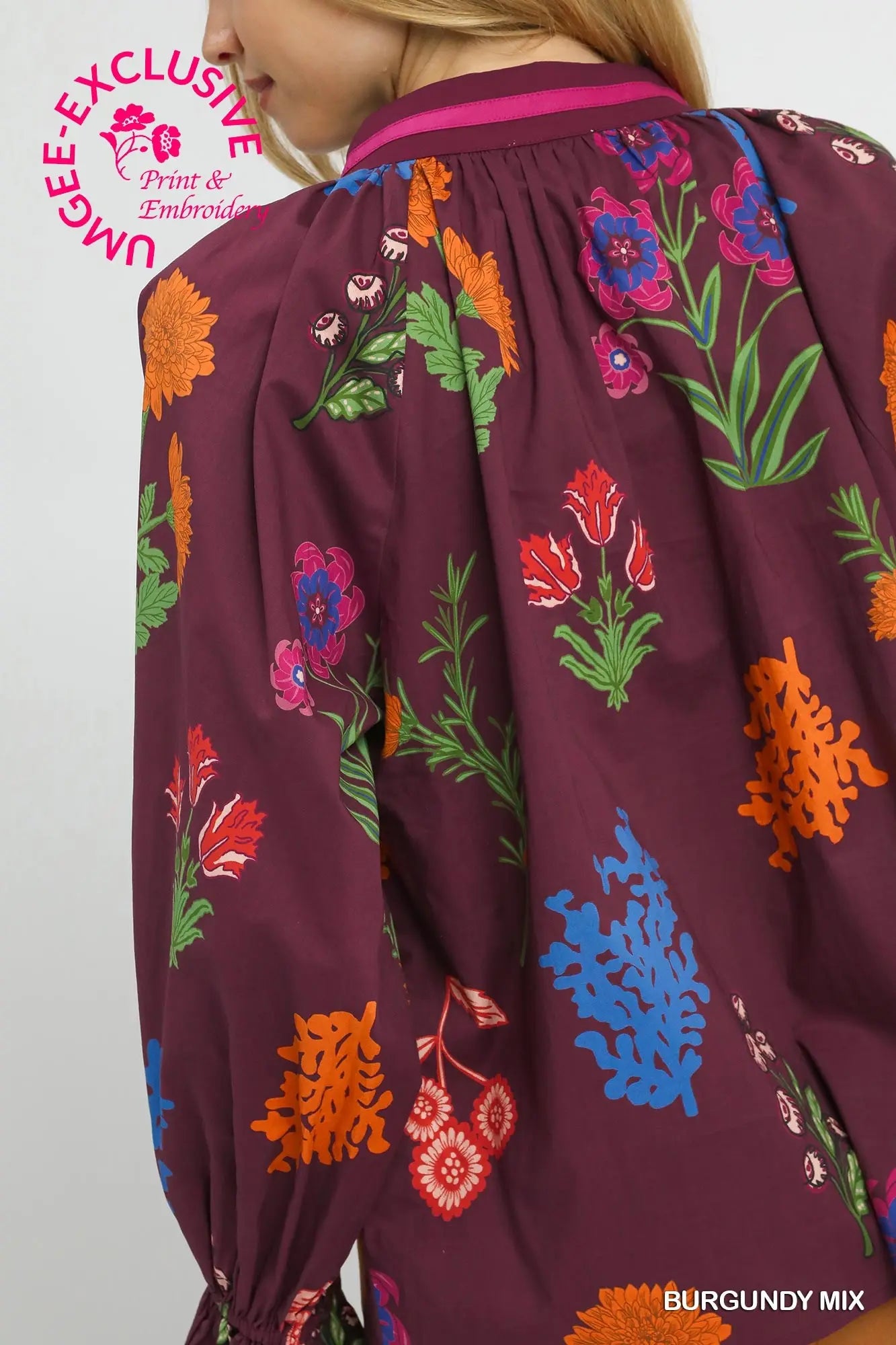 Burgundy Floral Print V Neck Open Collar Top