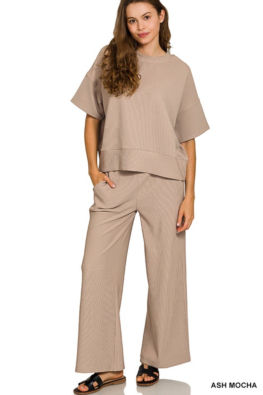 Ribbed short sleeve pant set - khaki