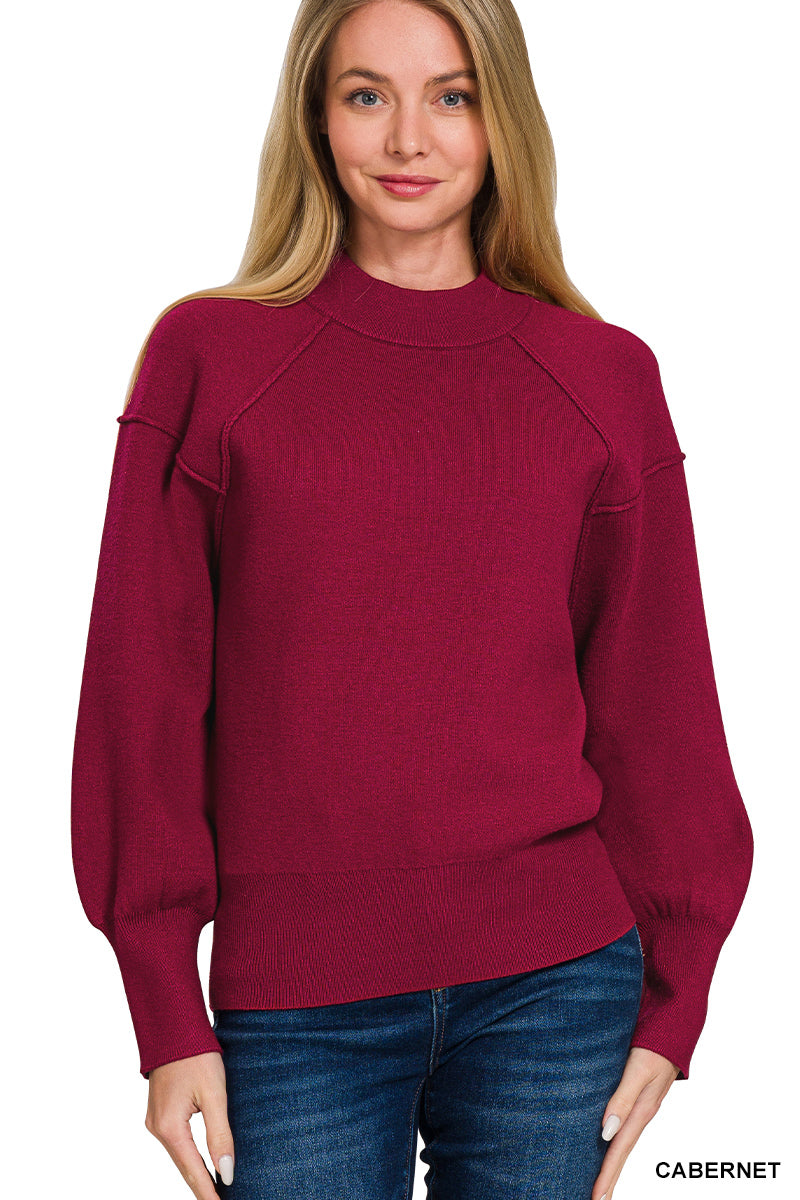 Mock neck exposed seam sweater- Cabernet