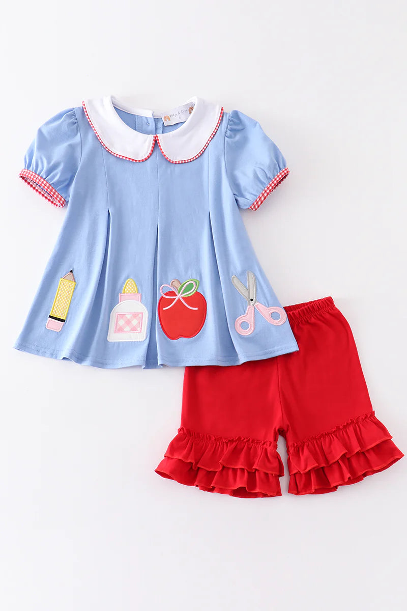 Blue back to school appliqué girls set