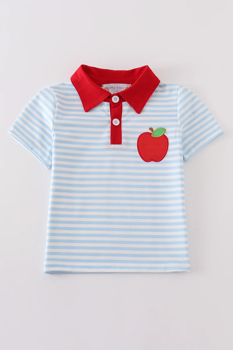 Blue stripe apple embroidery top