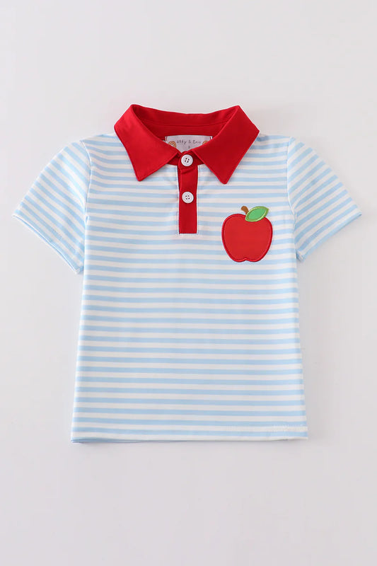 Blue stripe apple embroidery top