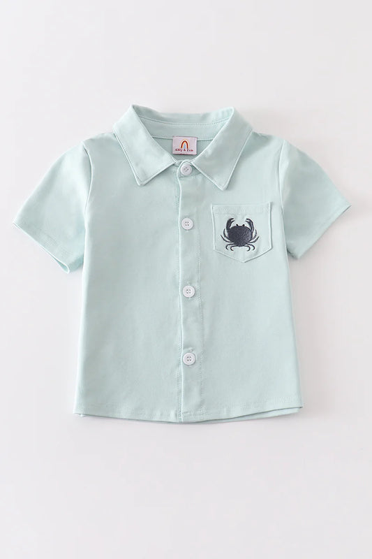 Mint crab embroidered boys button down