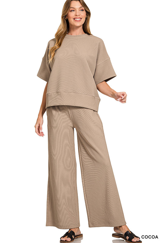 Ribbed short sleeve pant set - cocoa