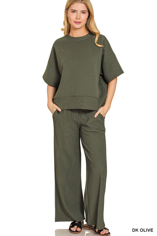Ribbed short sleeve pant set - olive