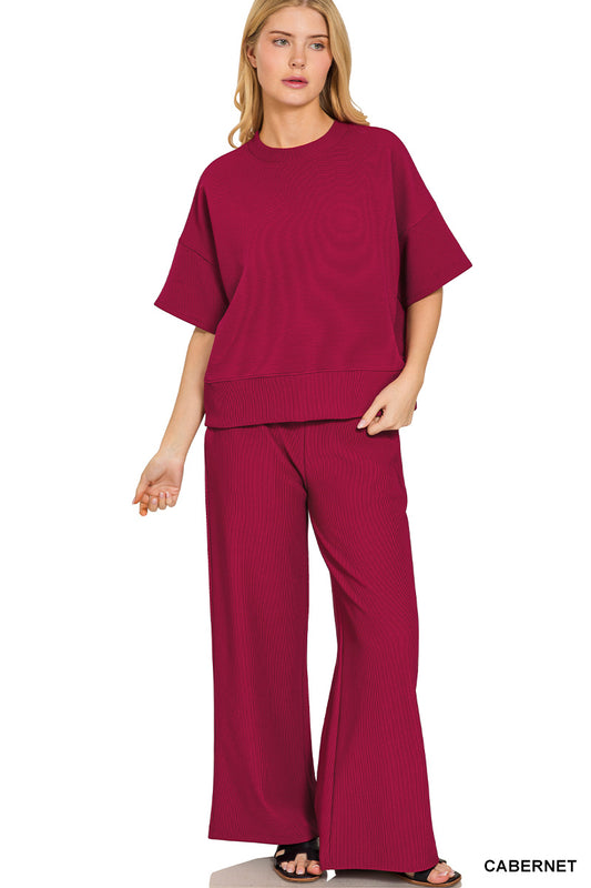 Ribbed short sleeve pant set - Cabernet