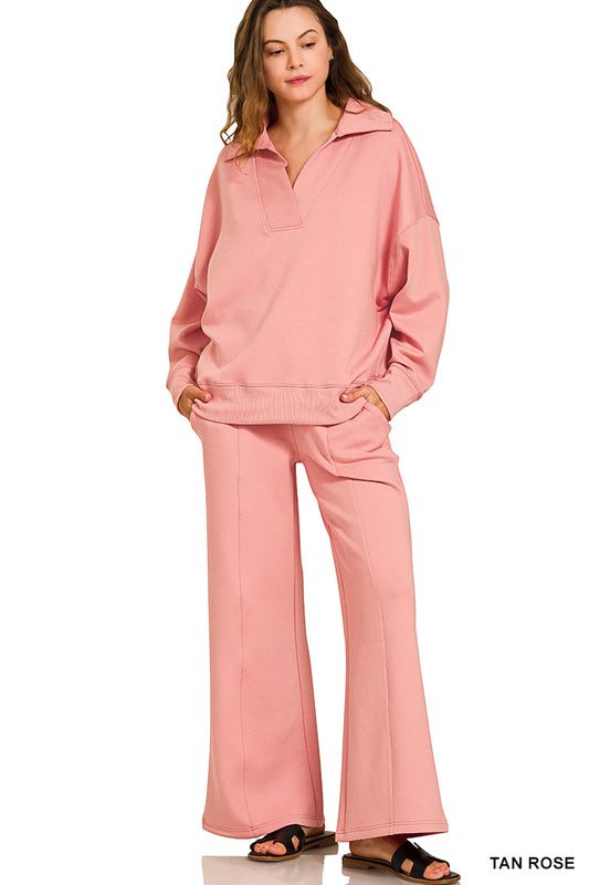 Collard Long sleeve ribbed set-rose