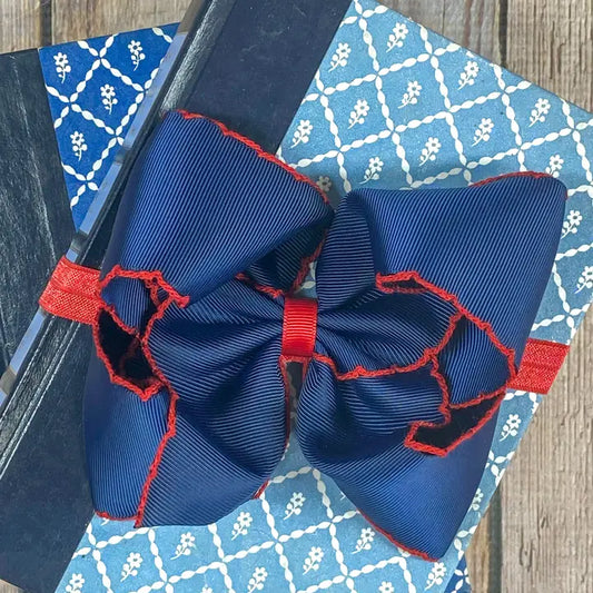 Navy with red moon-stitch bow headband