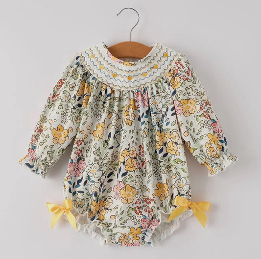 Smocked yellow floral bubble
