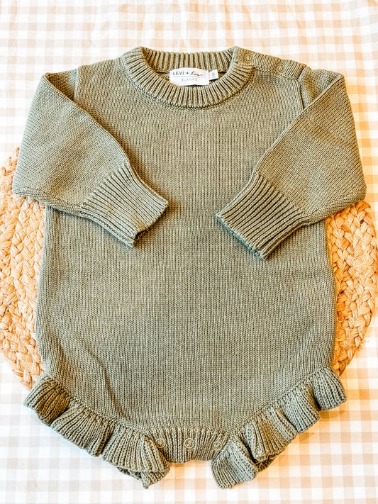 Ruffle knit sweater romper green