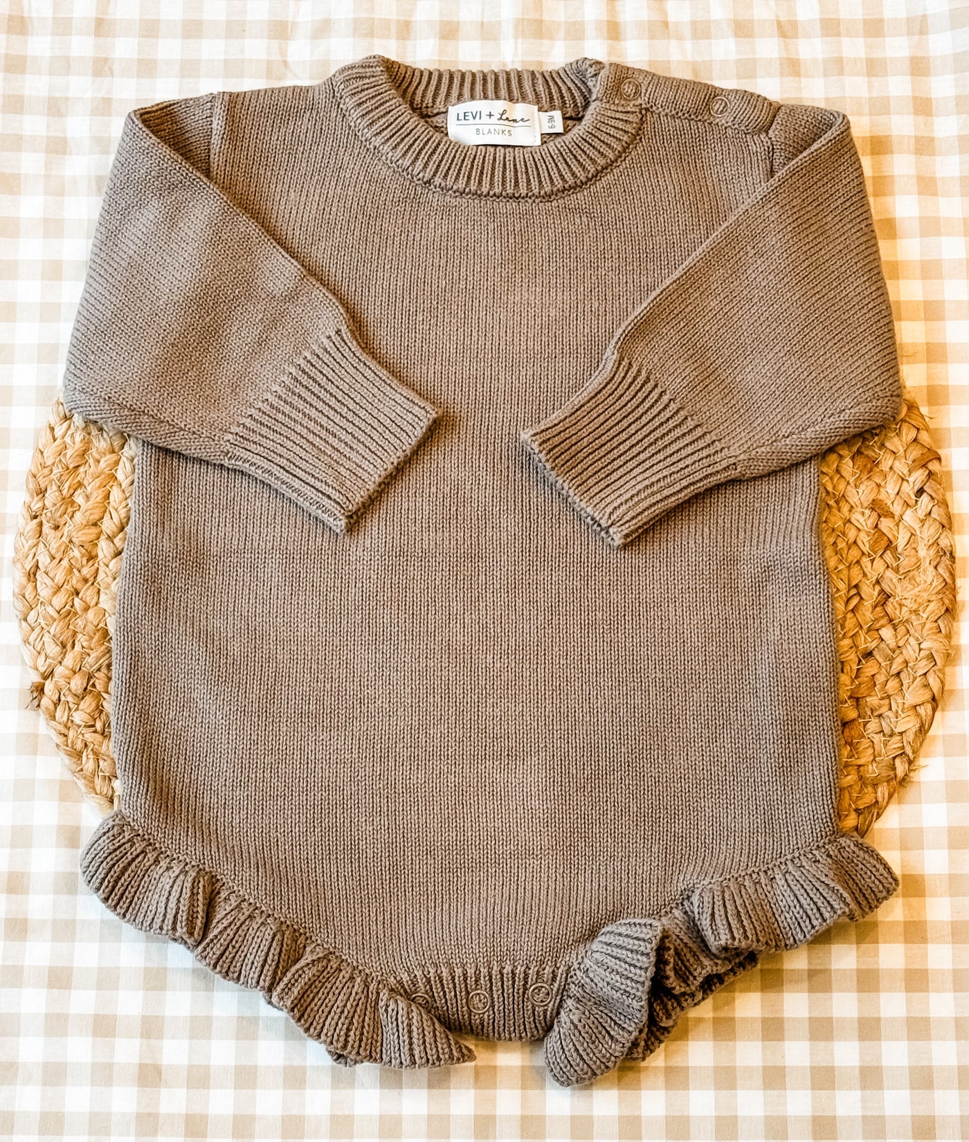 Ruffle knit sweater romper brown