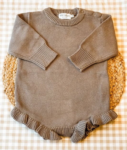 Ruffle knit sweater romper brown