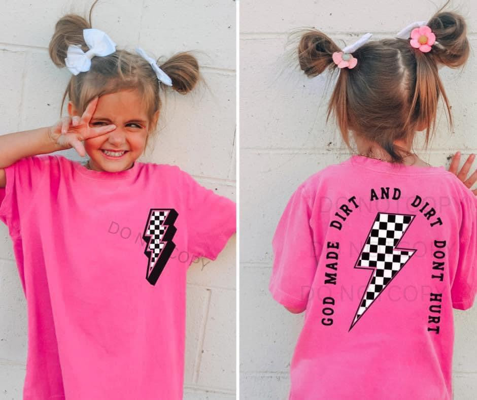 God Made Dirt Pink Tee YS (bolt check front)