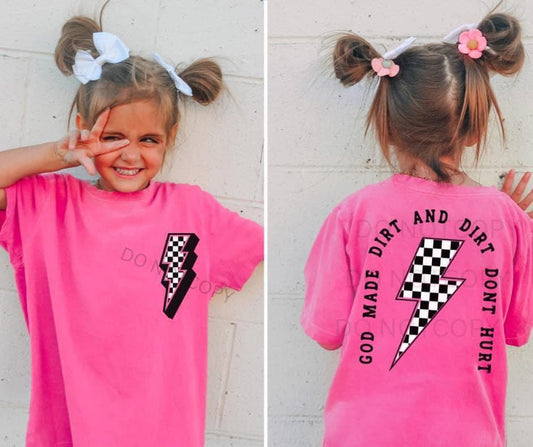 God Made Dirt Pink Tee YS (bolt check front)