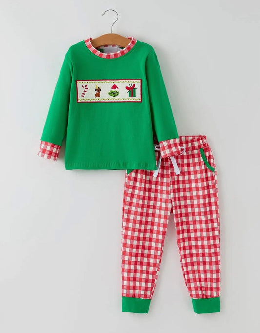 Smocked green trio boy set
