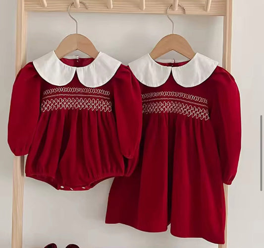 Smocked red collared bubble