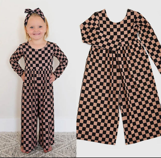 Wide leg checkered bamboo jumpsuit