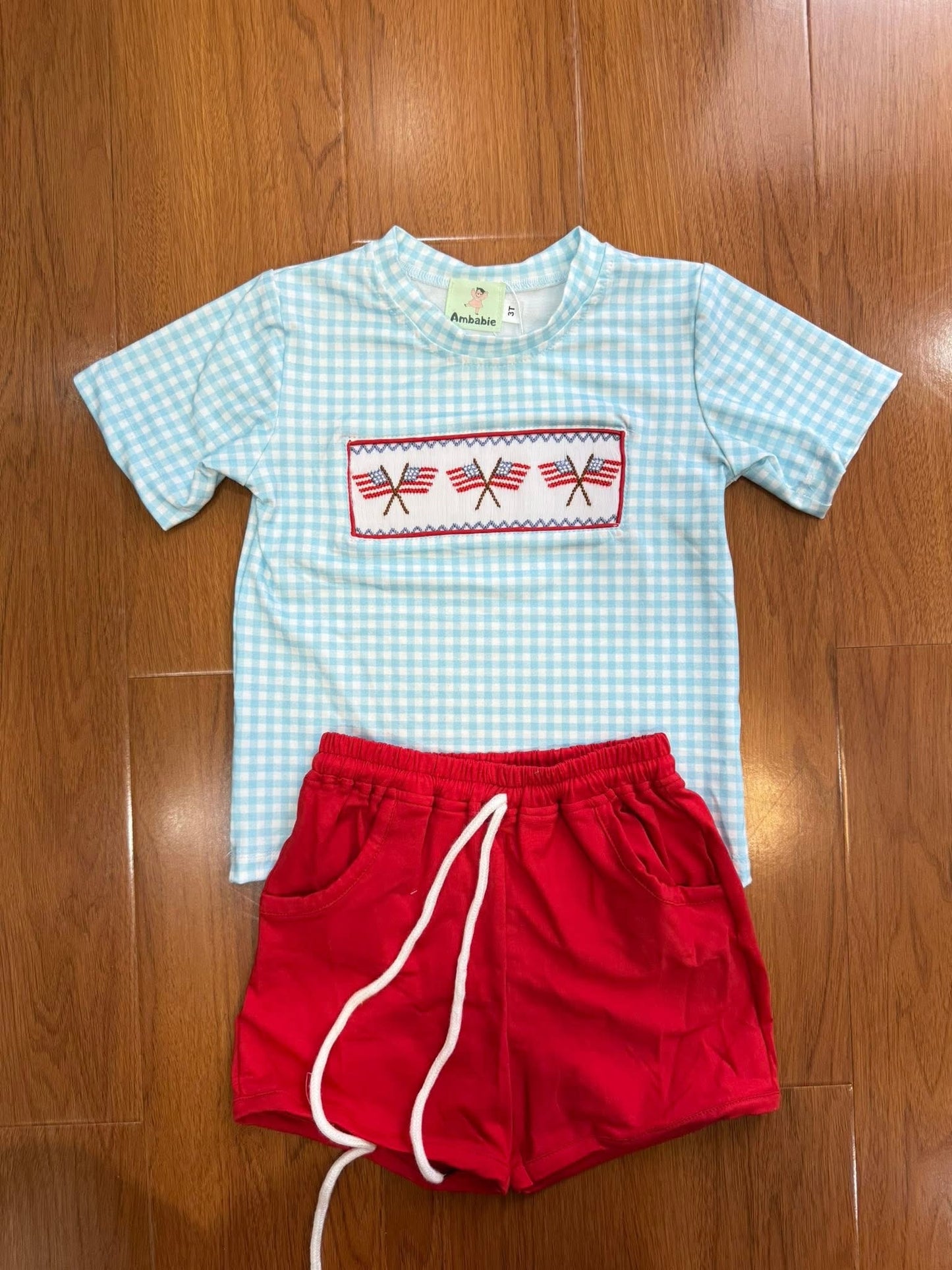 Smocked flag boys short set