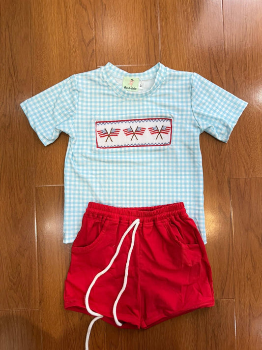 Smocked flag boys short set