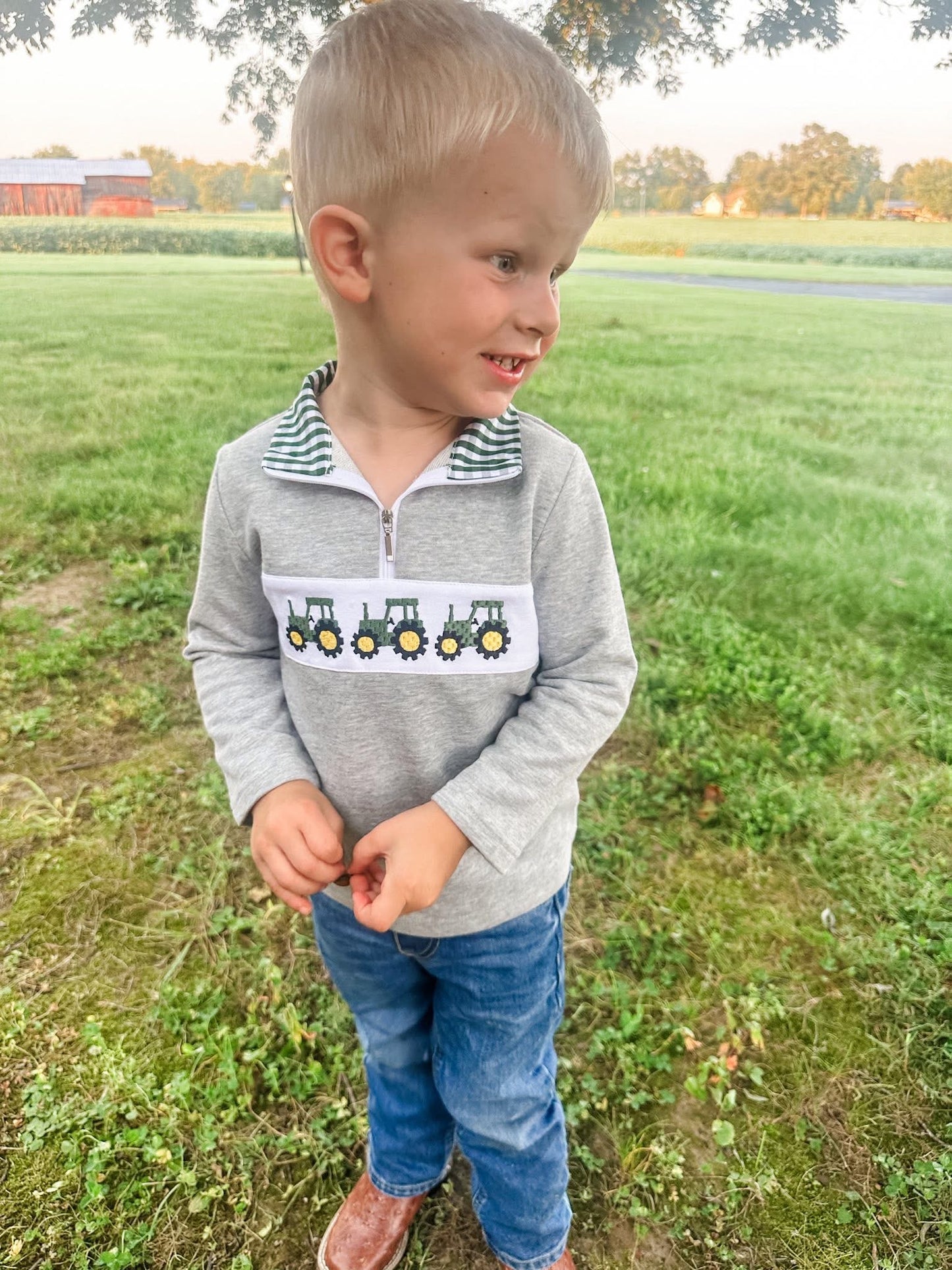 Gingham tractor trio pullover