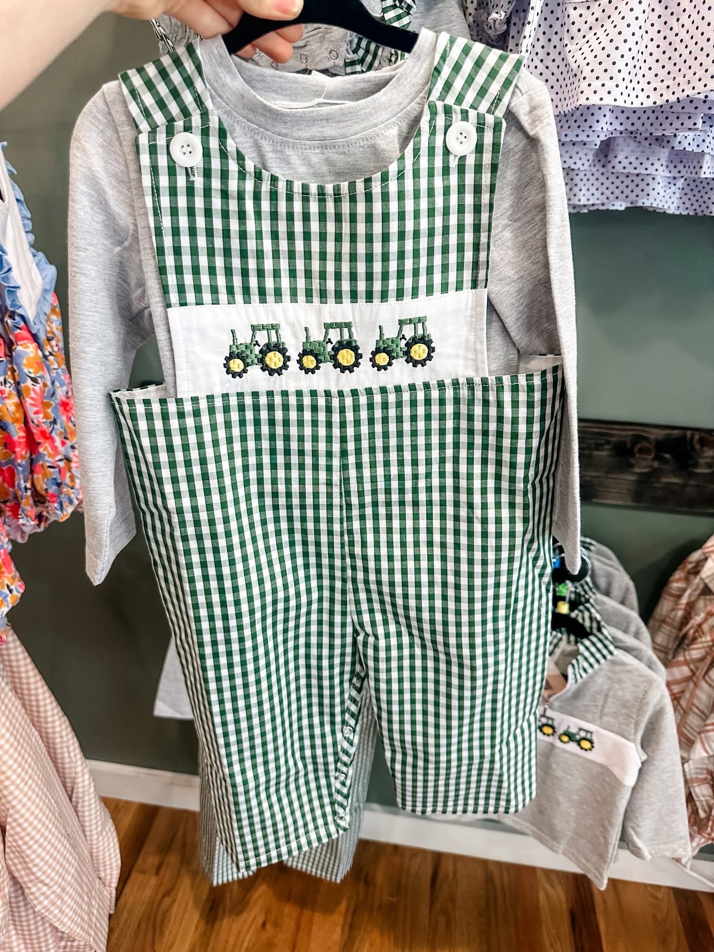 Gingham tractor Jon Jon trio set