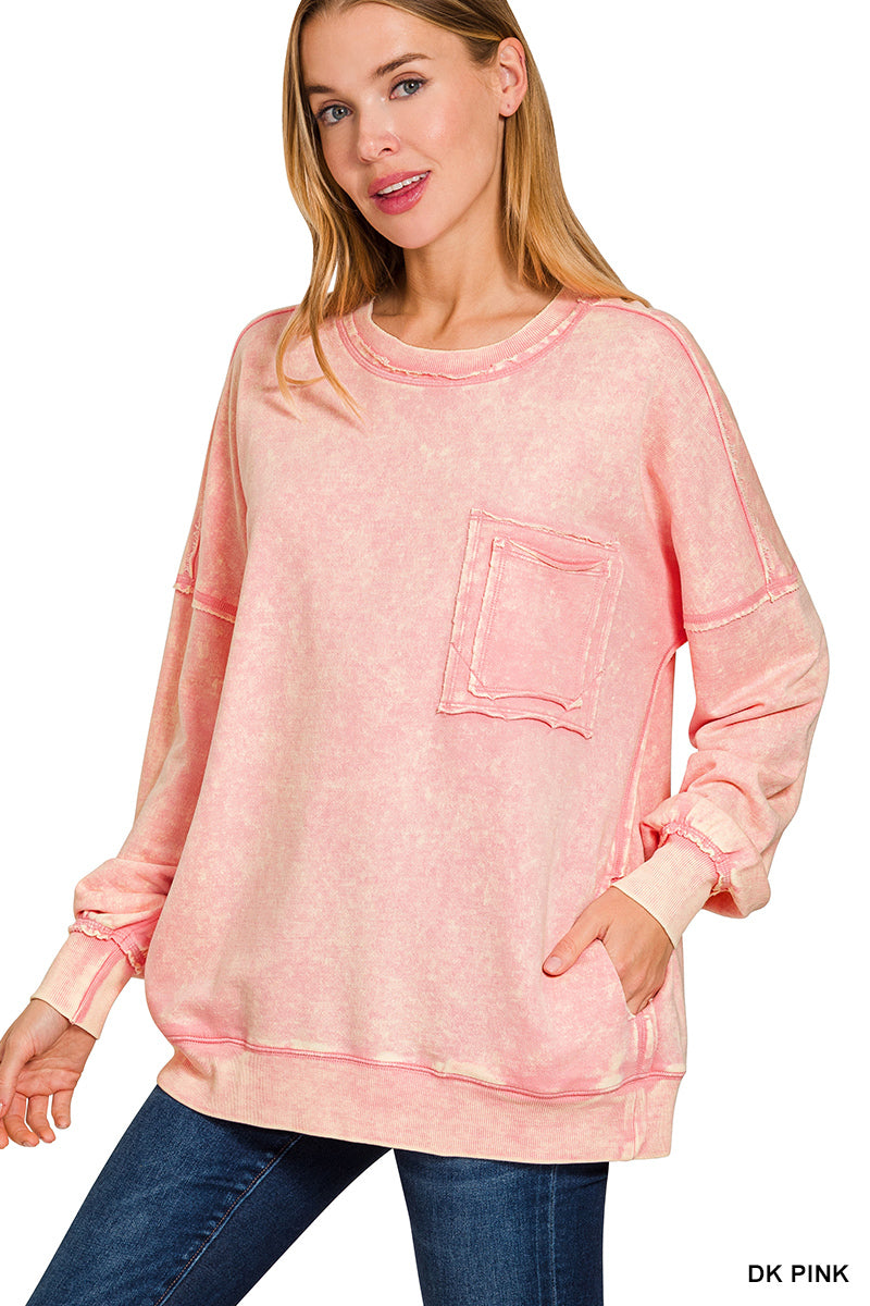 Acid Wash Raw Edge Pocket Pullover - dk pink