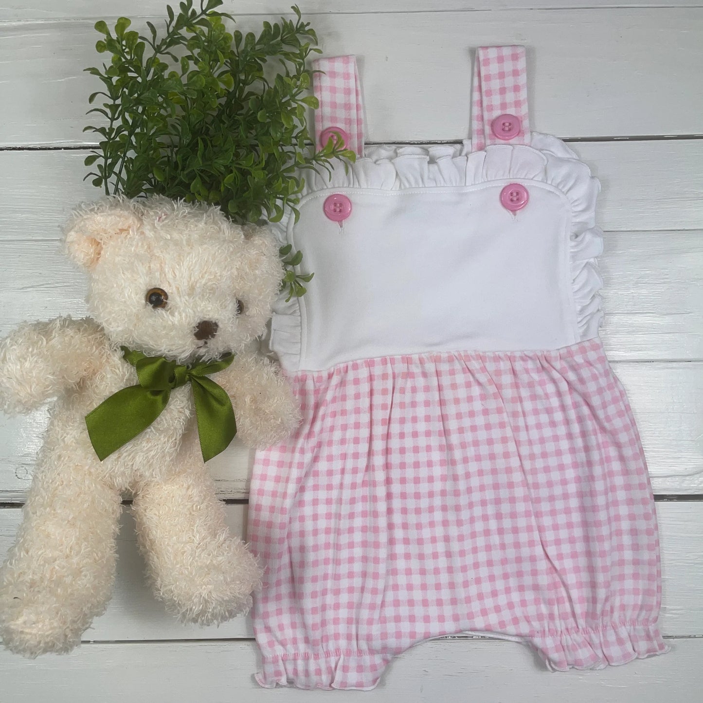 Pink gingham romper - 18M embroider me