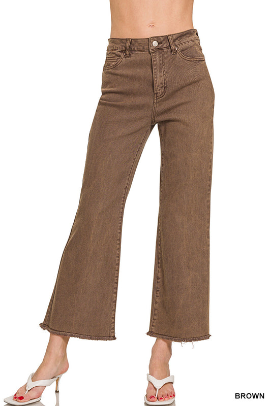 ACID WASHED HIGH WAIST PANTS- brown