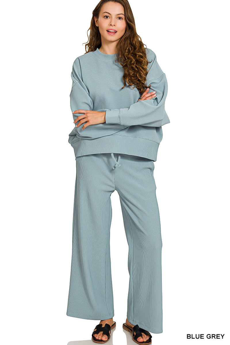 Blue grey Ribbed 2pc long sleeve set