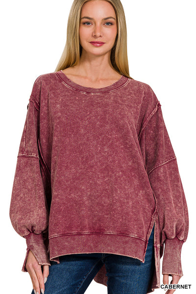 Exposed seam acid wash pullover