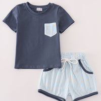 Blue stripe pocket short set