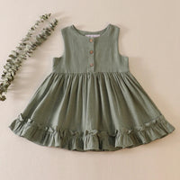 Sage ruffle button linen dress