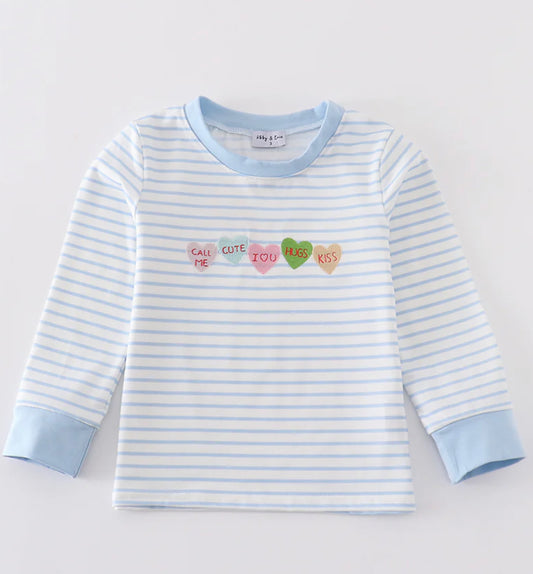 Blue stripe heart embroidered boys top